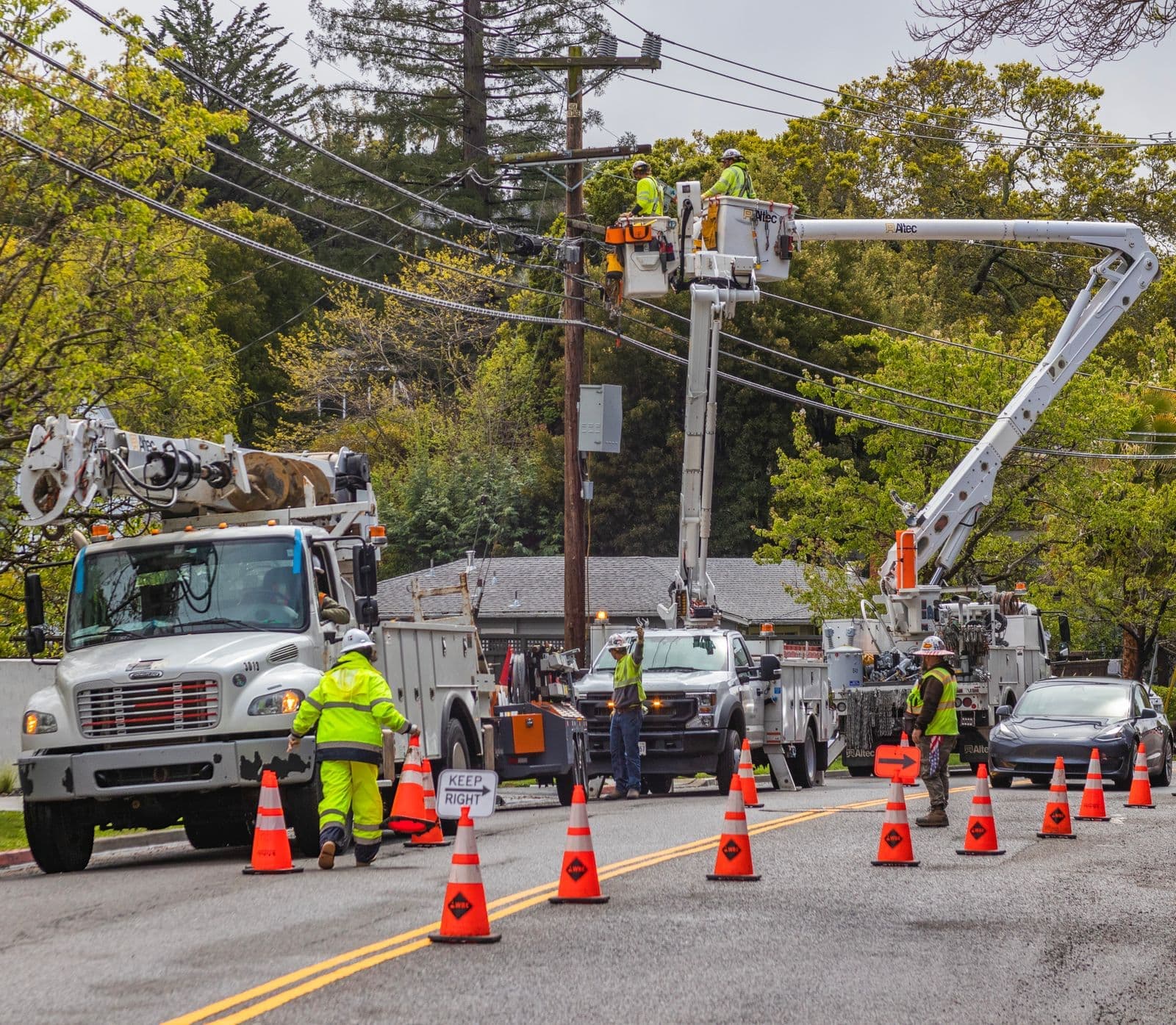 Utility bucket trucks working on lines beside roadside trees